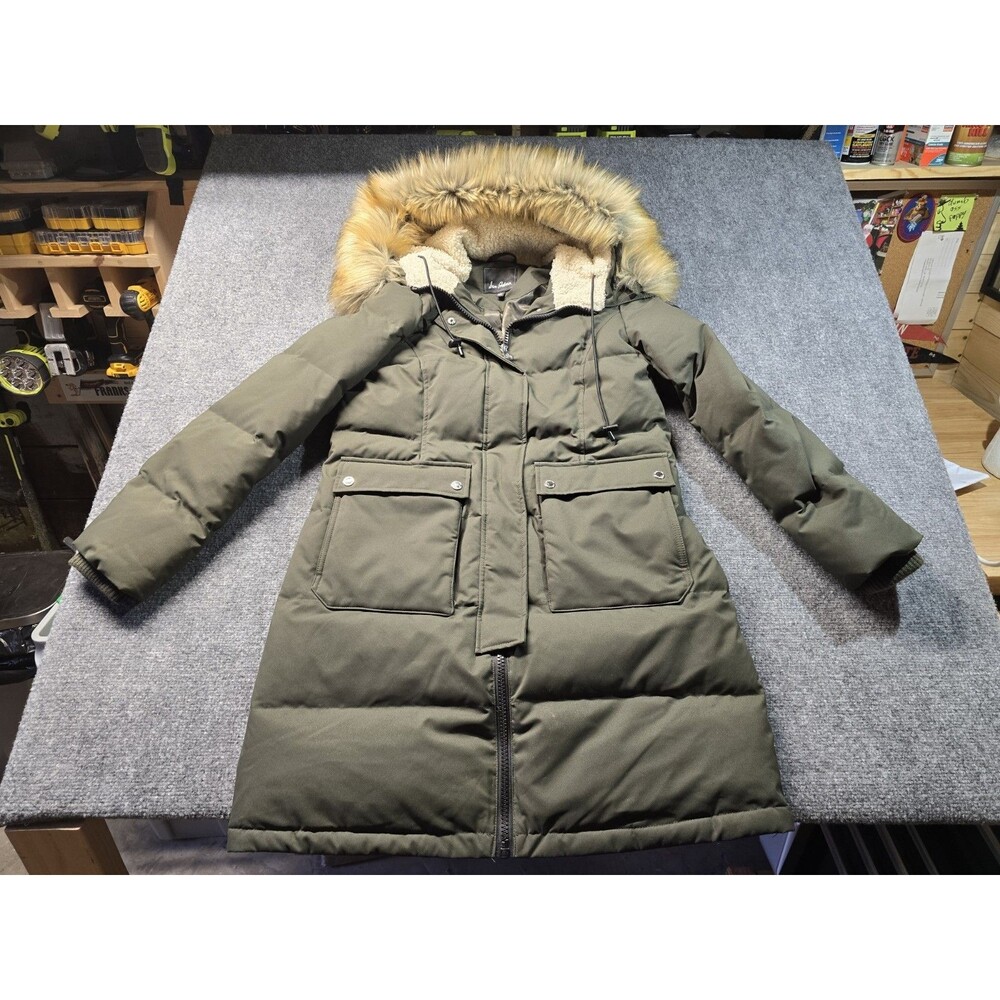 Sam Edelman Womens Long Parka Jacket Faux Animal Fir Hood Green Medium
